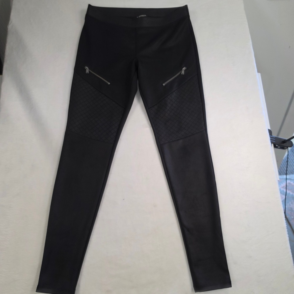 Express Womens Black Moto Leggings Quilted Knee Zipper Detail Size M Stretch